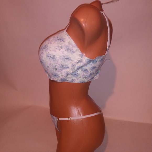 Victoria Secret Bra Set 36DDD Push Up Medium Thong Panty Blue White Floral New - Picture 9 of 11